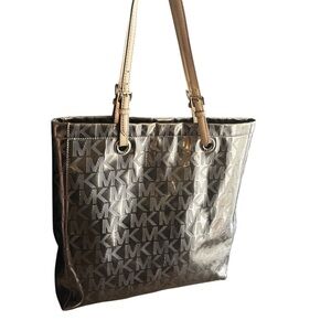 Michael Kors Signature Mirror Metallic Tote Purse Shoulder Bag Silver